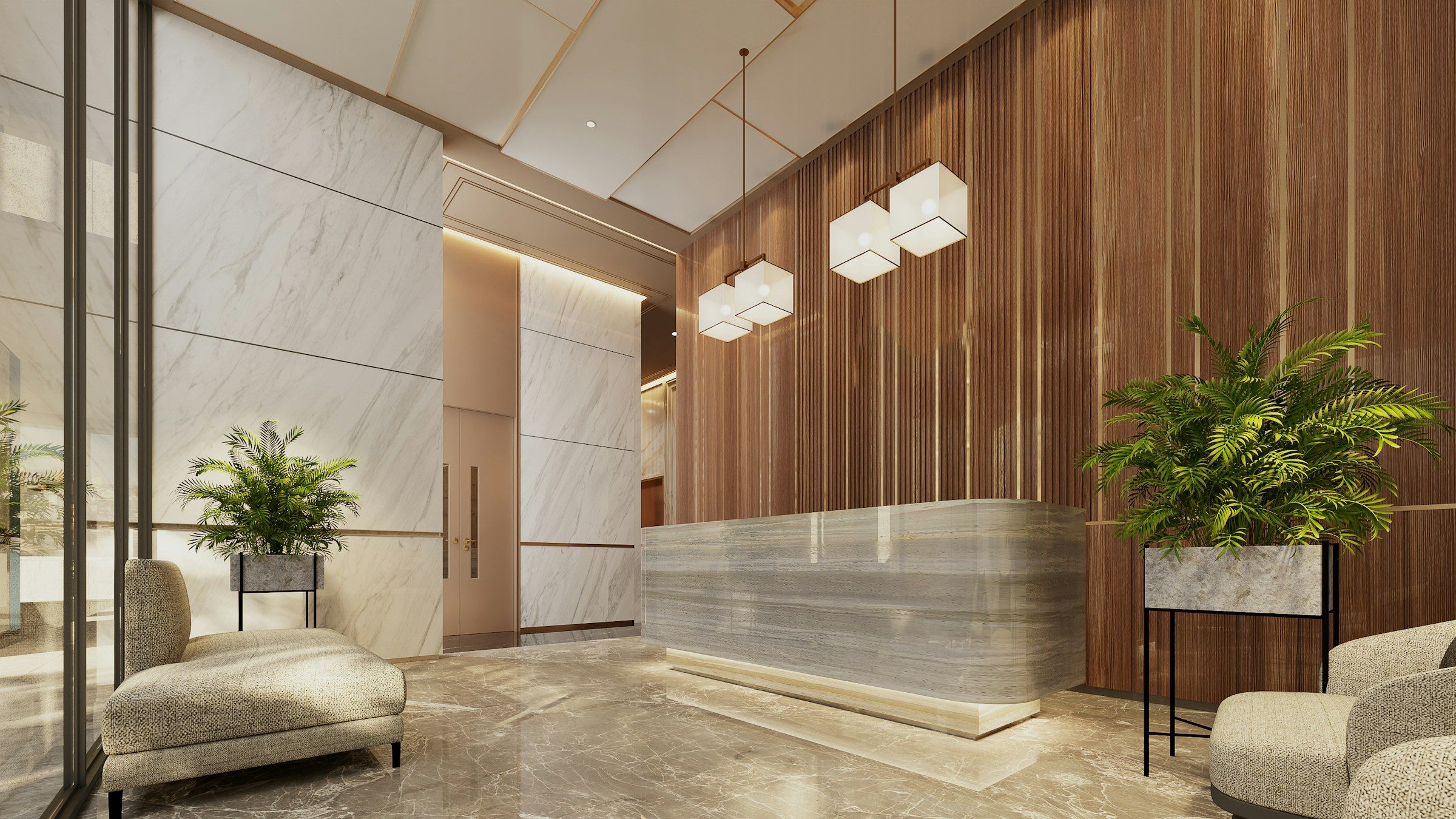 Gün ışığı alan otel lobisi
